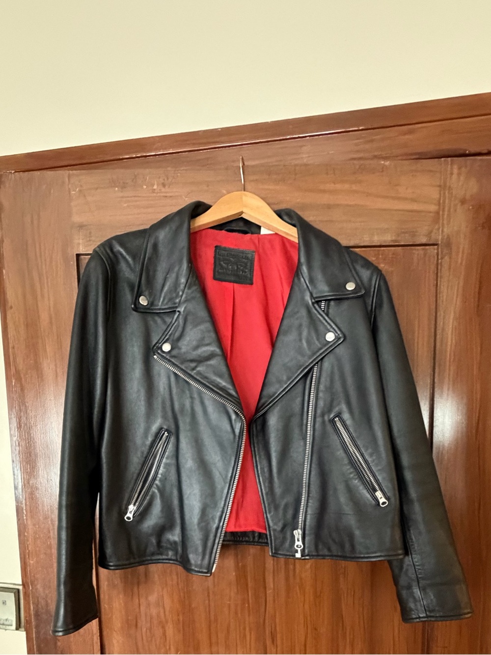 Levi's Black Leather Moto Jacket with Red Lining